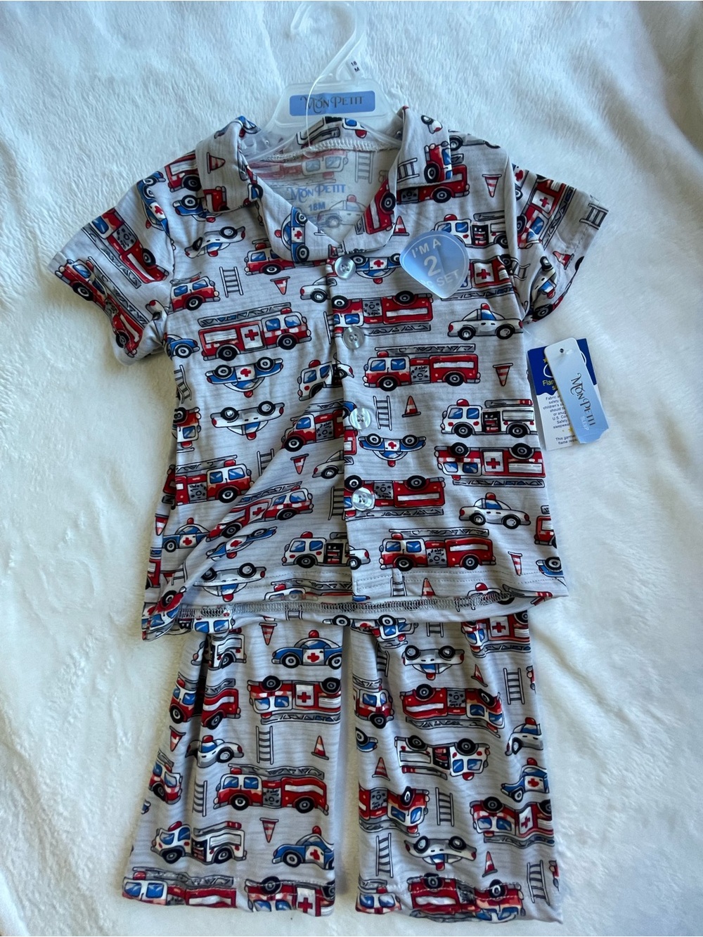 Boys' Grey Firetruck Pajama Set - Red & Blue Print